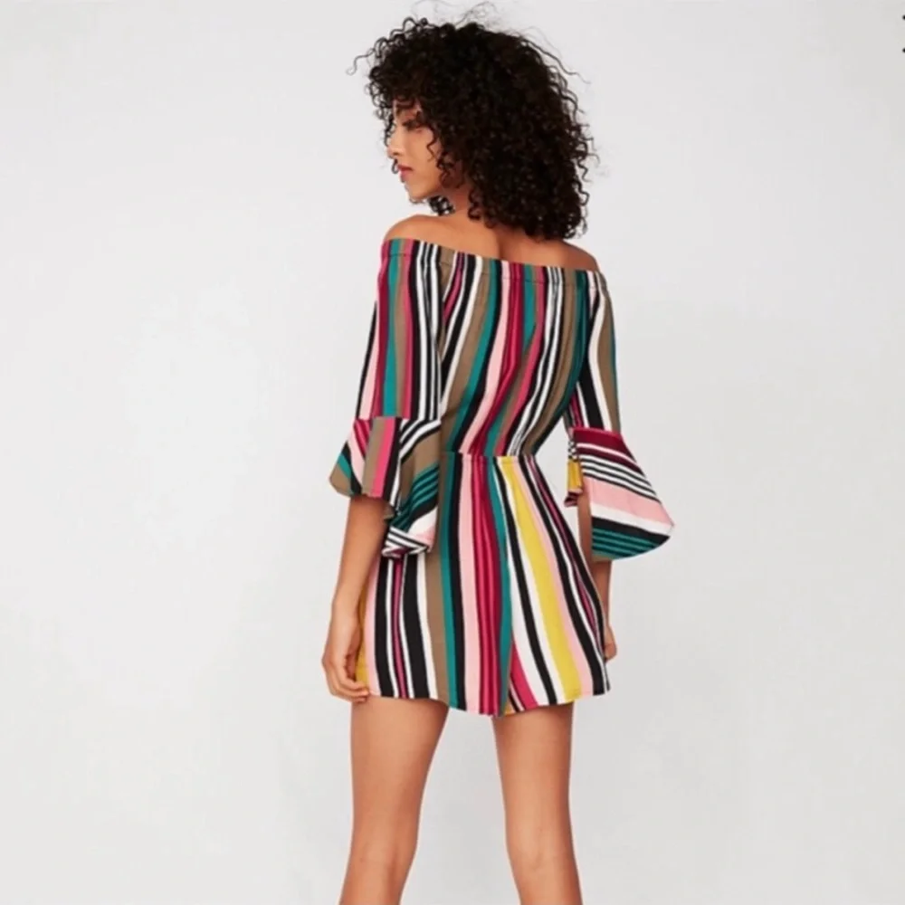 Express Rainbow Off Shoulder Ruffle Romper - Picture 2 of 6